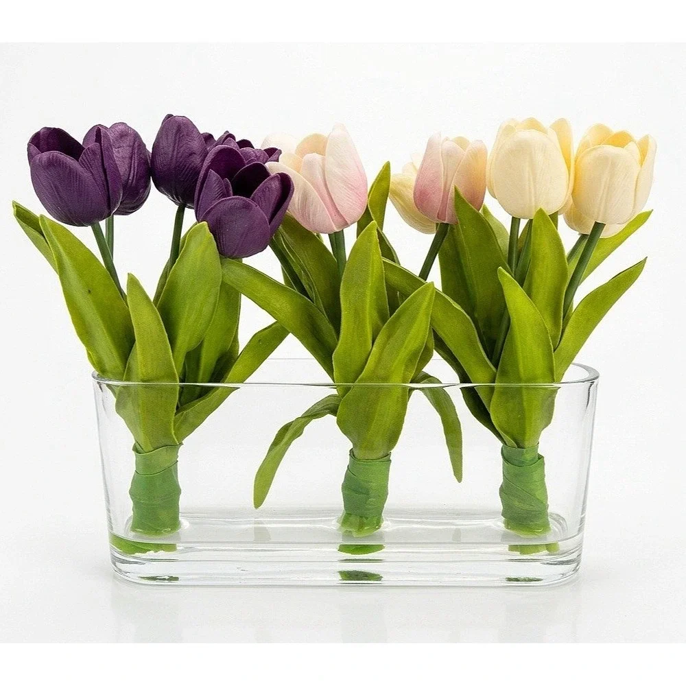 15Pcs Artificial Tulips Flowers with Clear Glass Vase Real Soft Touch Latex offi